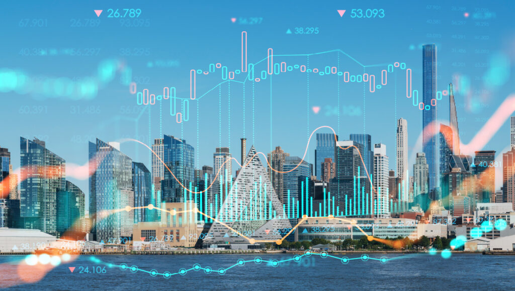 S&P 500 analysis depicted by a financial graph overlaying a city skyline.