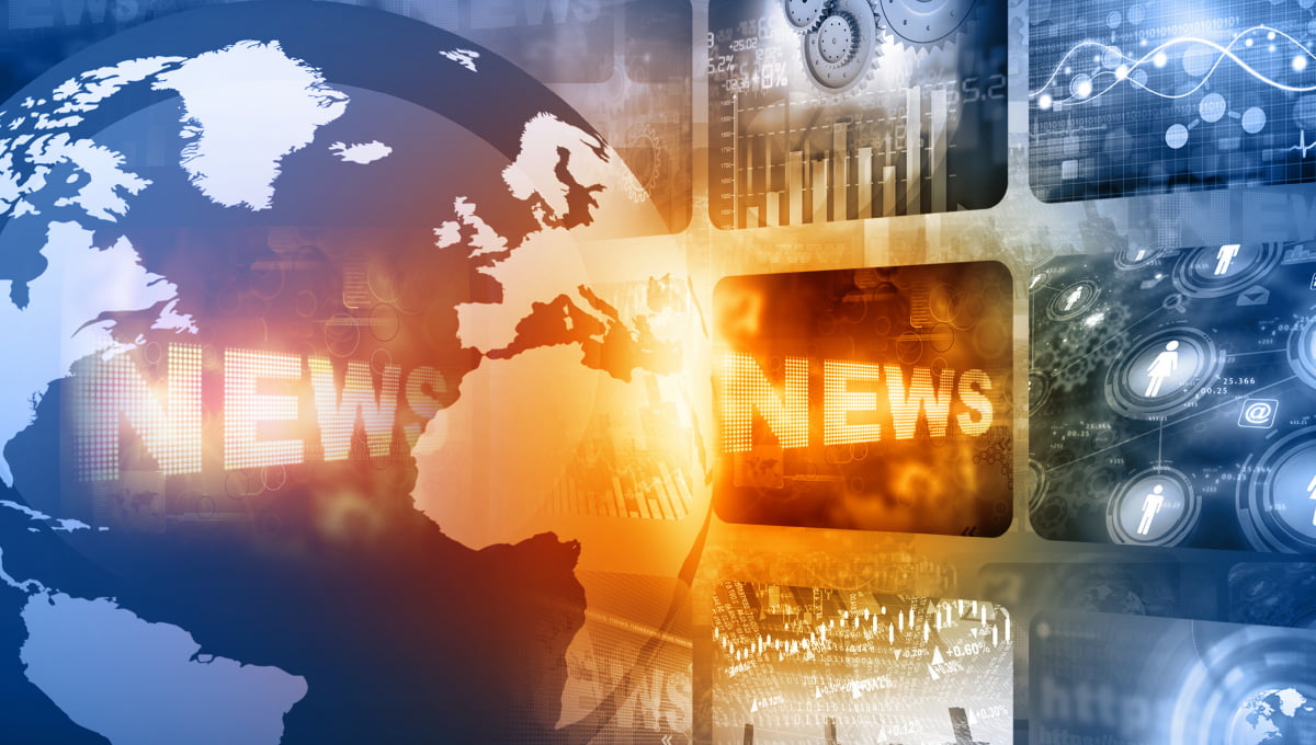 The word news scrolling over a globe and multiple business concept images.