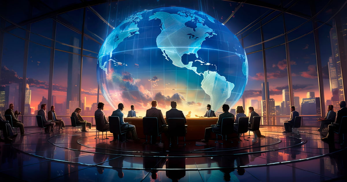 Investors are sitting around a large digital globe.