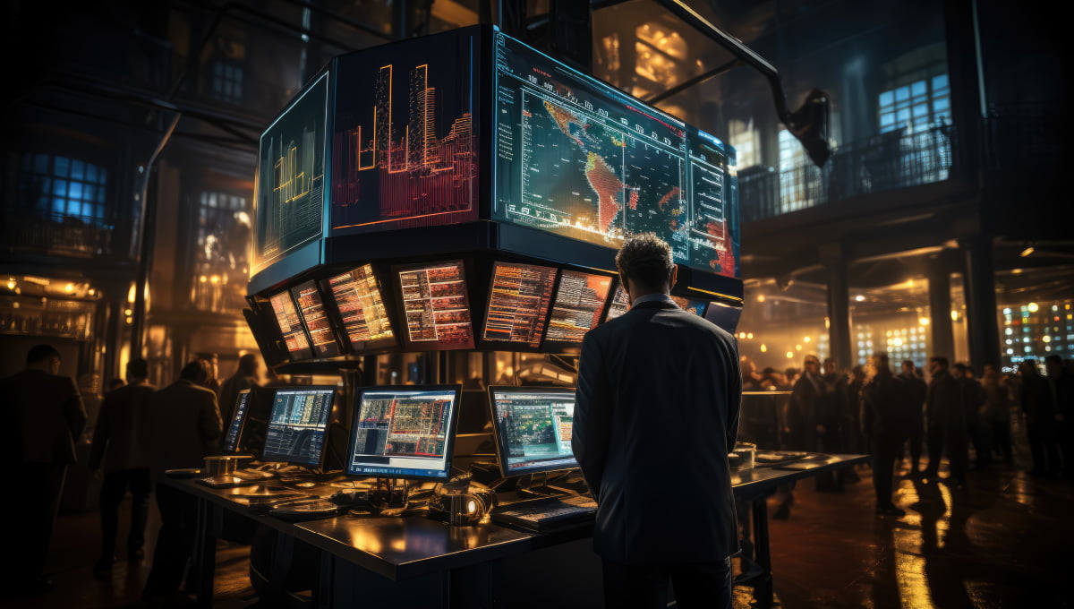 A businessman watching stock market news on a stock market trading floor.