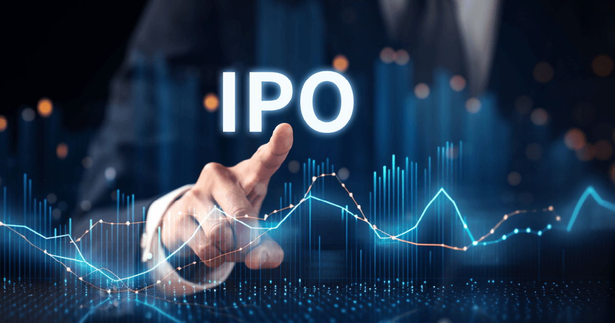 Stock charts with a man pointing to the acronym IPO.