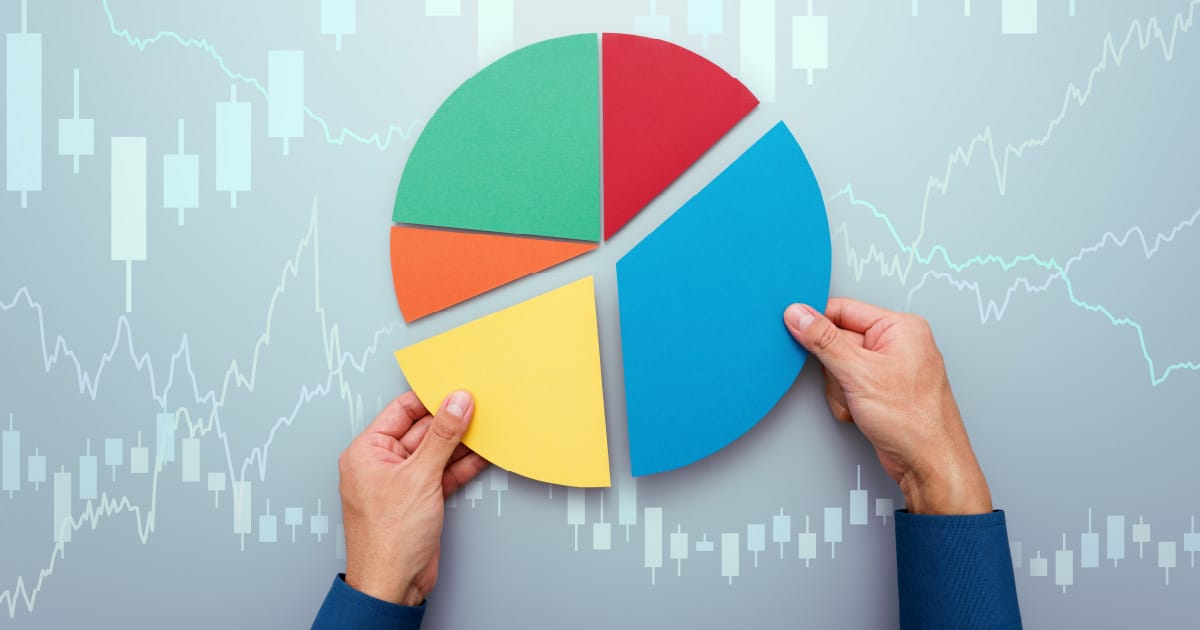 A pie chart on a background of stock charts representing portfolio diversification.