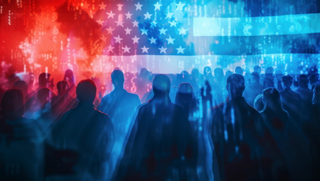 Election influence on stock markets represented by people in front of an American flag.